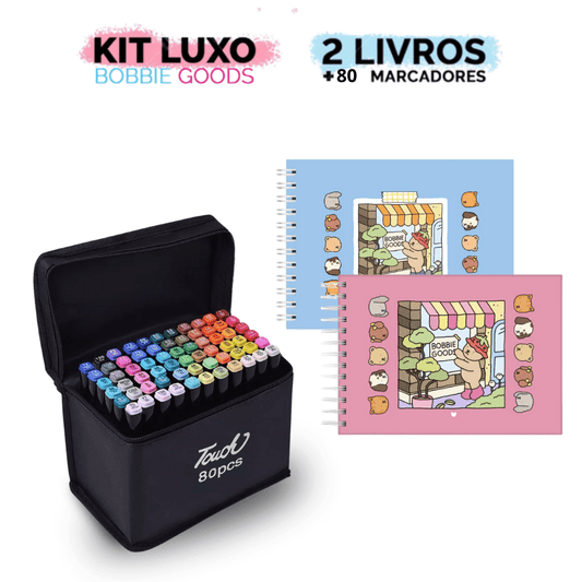 2x Livros de Colorir Bobbie Goods Capa Dura + 80 Canetinhas Touch